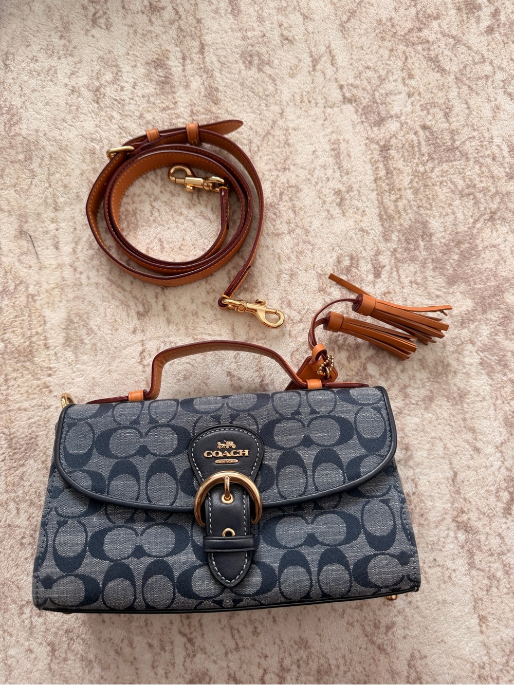 Coach Signature Monogram Crossbody with Tan Leather Trim